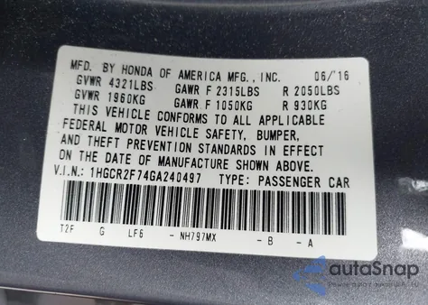 2016 Honda Accord Ex z USA, uszkodzony, nr VIN 1HGCR2F74GA240497